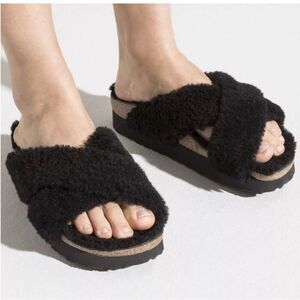 Papillio Black Sherpa Fuzzy Cross-Strap Slippers